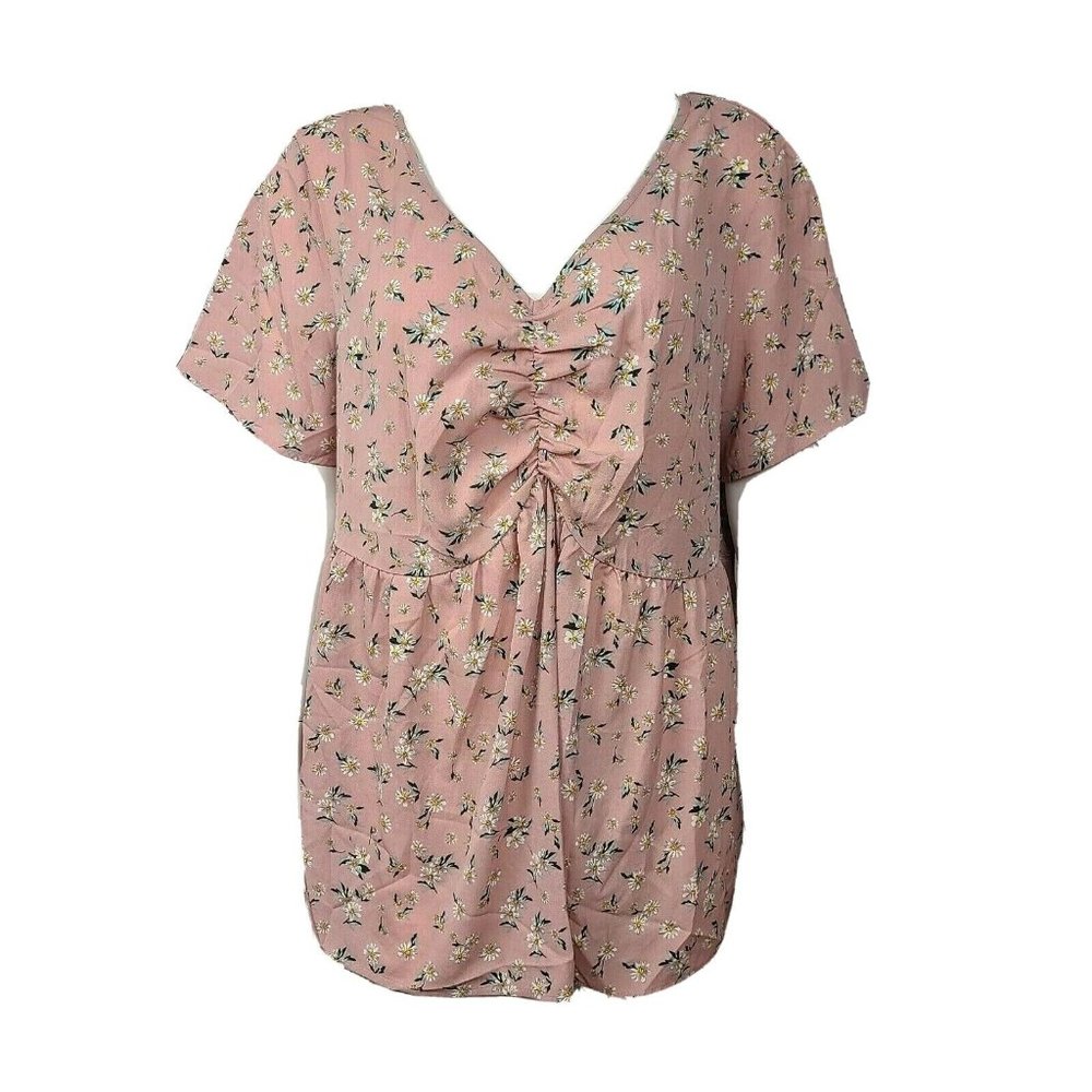 Shein Curve Womens‎ Plus Size 1XL Pink White Floral Short Sleeve Top Pullover